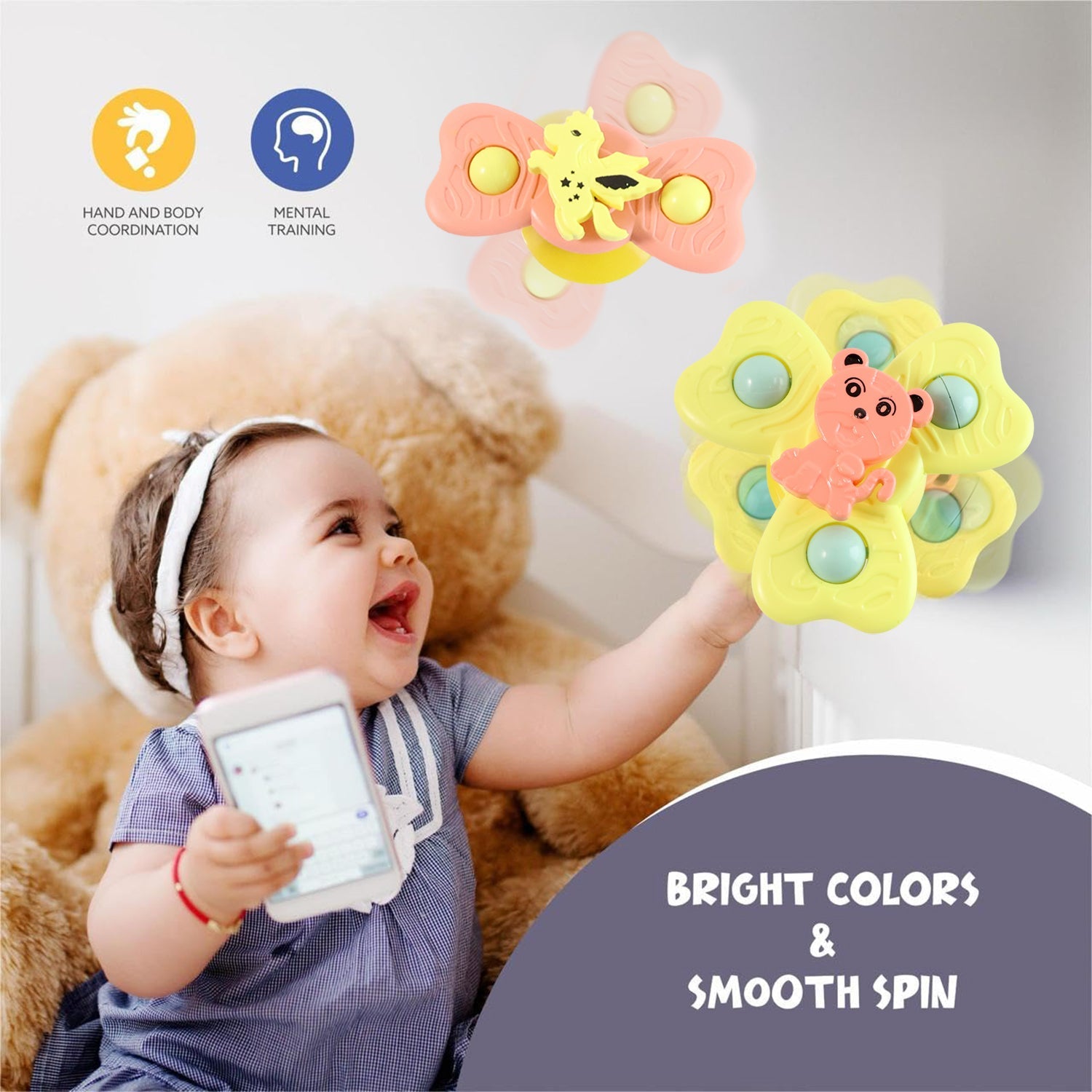 Colorful spin toys with suction bases for infant sensory engagement