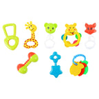 Brightly colored baby rattles arranged neatly to encourage sensory development