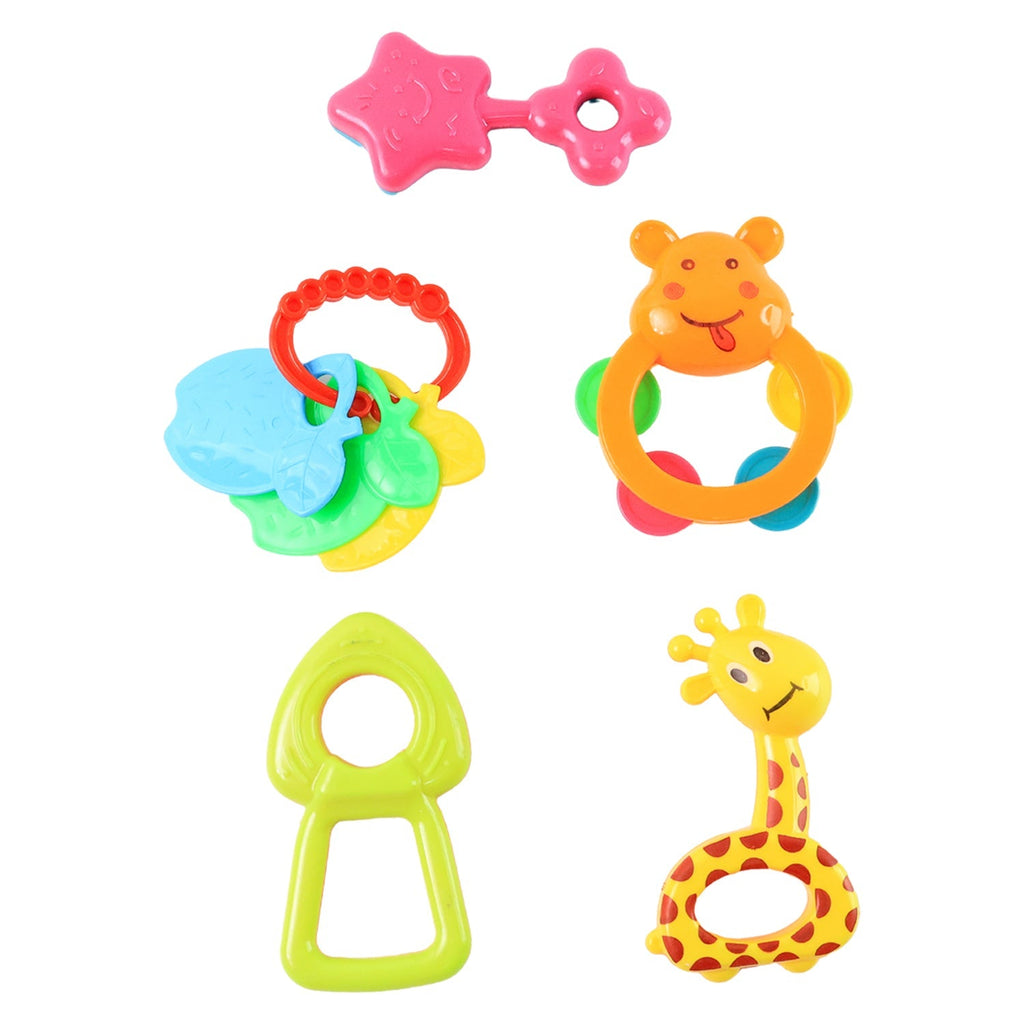 Various animal and shape baby rattles designed for sensory stimulation
