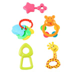 Various animal and shape baby rattles designed for sensory stimulation