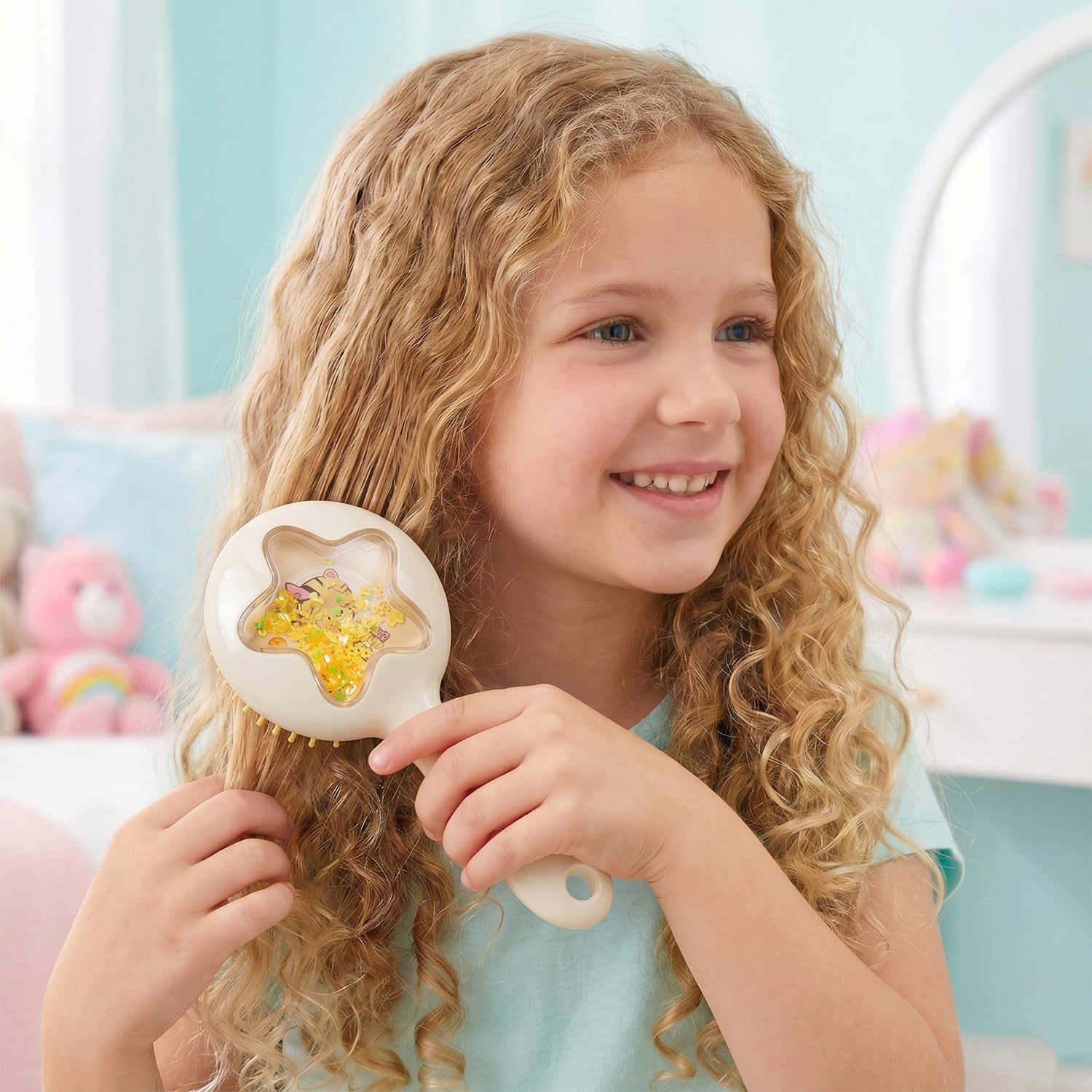 Colorful kids hair brush featuring soft bristles and star design