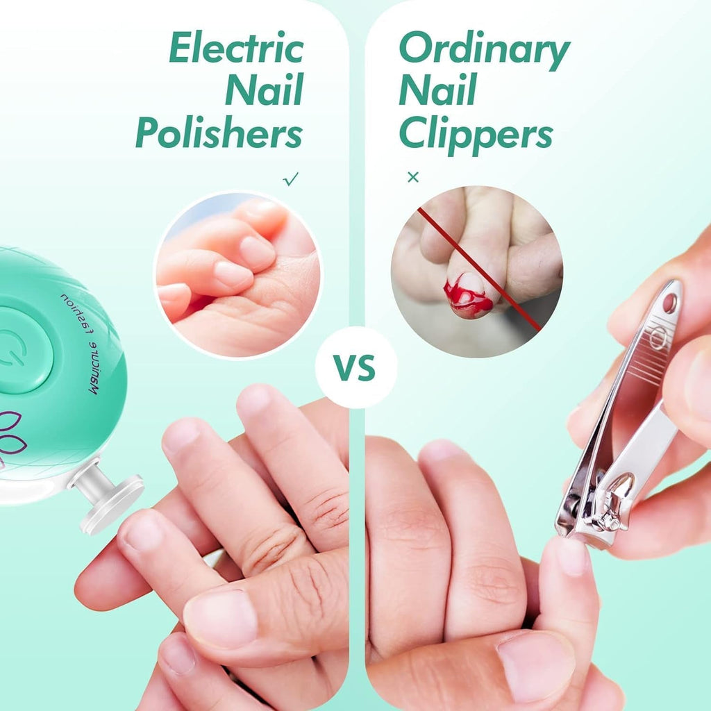 Compact electric baby nail trimmer being held in hand for scale
