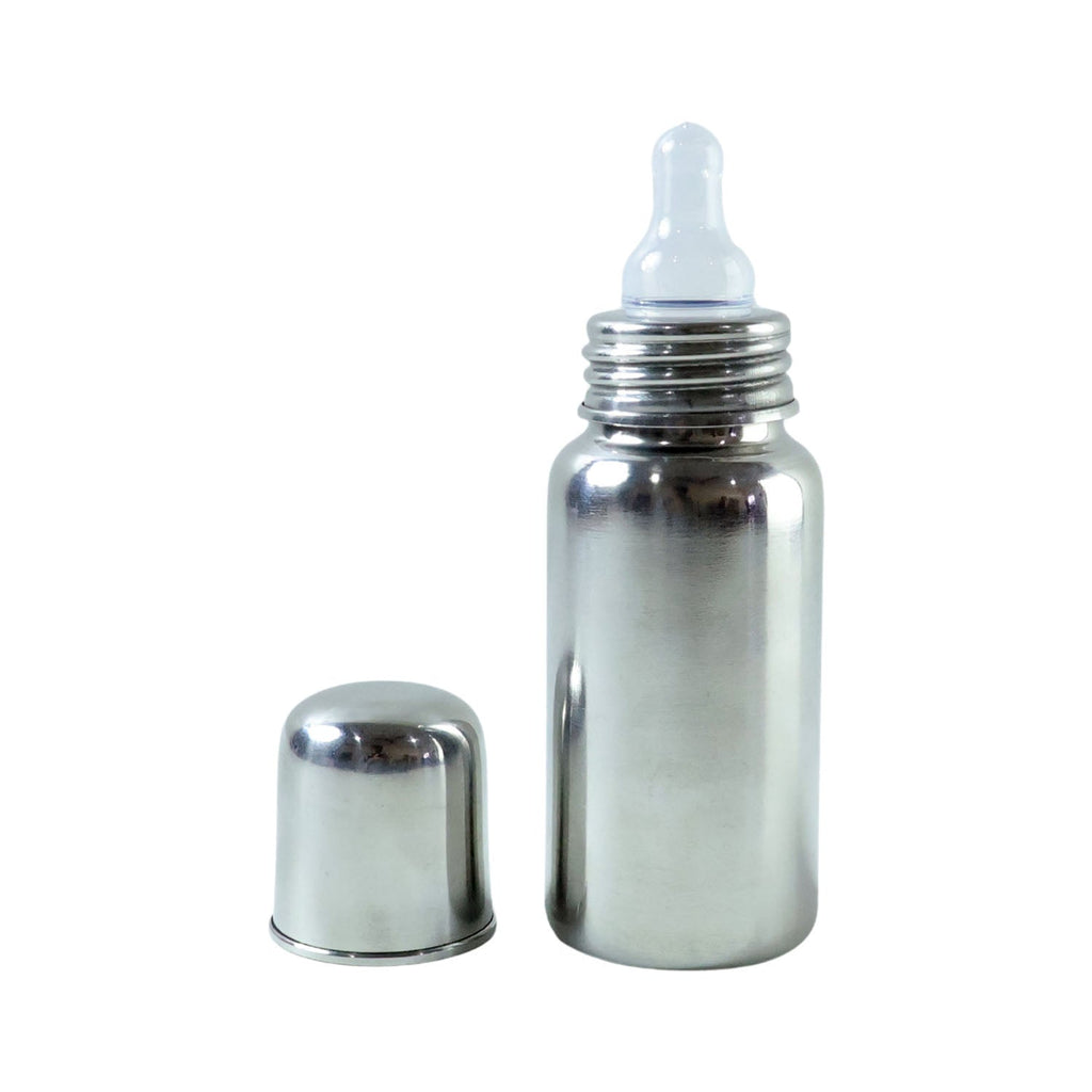 Baby milk feeding bottle with protective cap in stainless steel