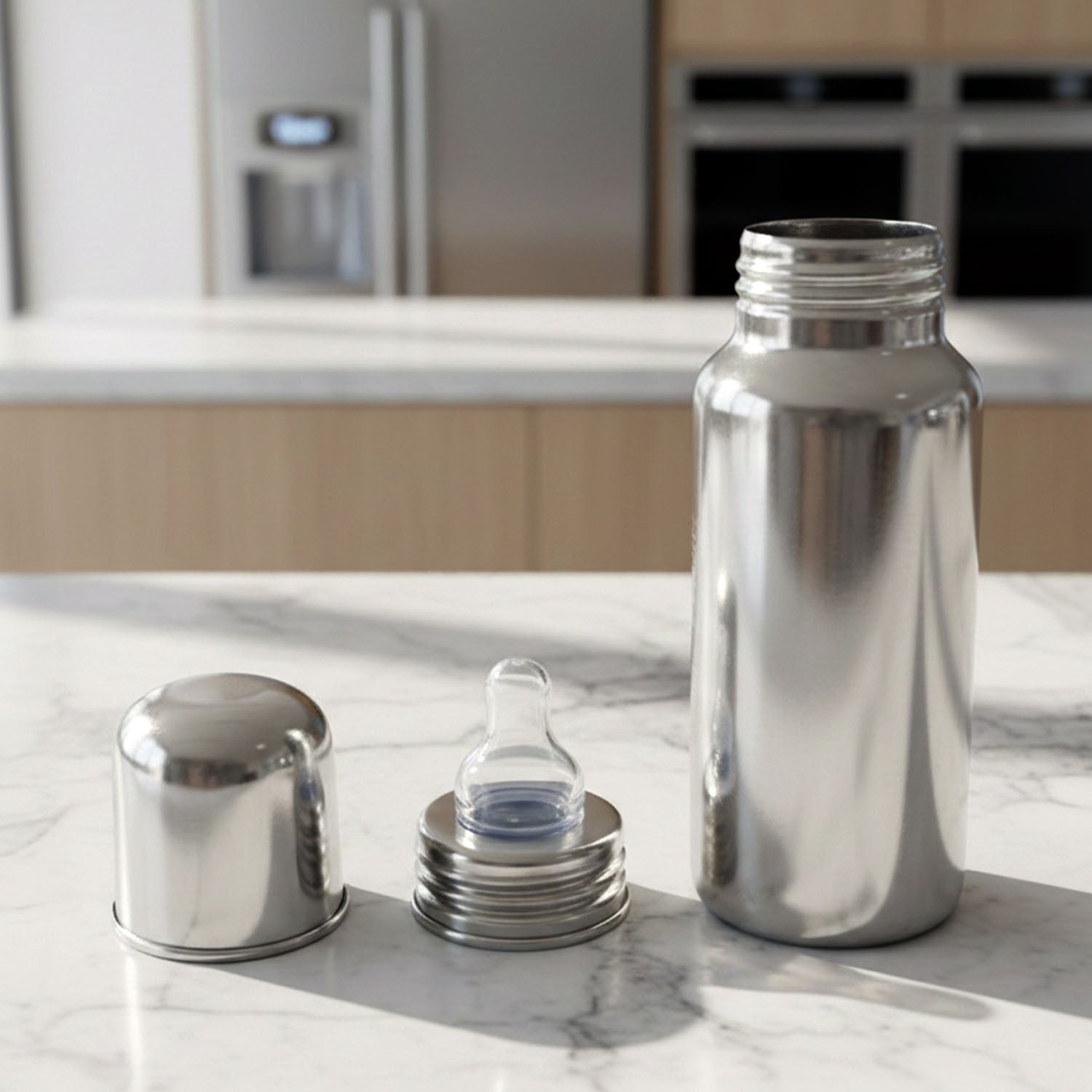 Durable stainless steel baby feeder bottle with soft nipple