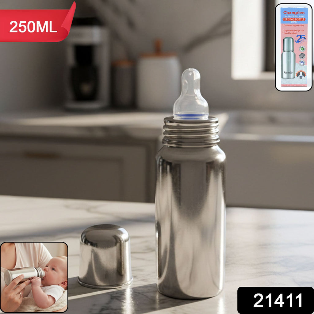 Stainless steel baby feeding bottle showing durable body
