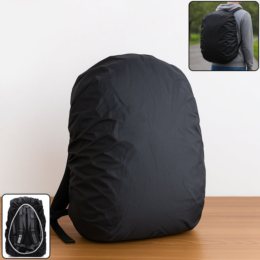 FERVENT waterproof backpack rain cover securely fitted on a black trekking backpack.