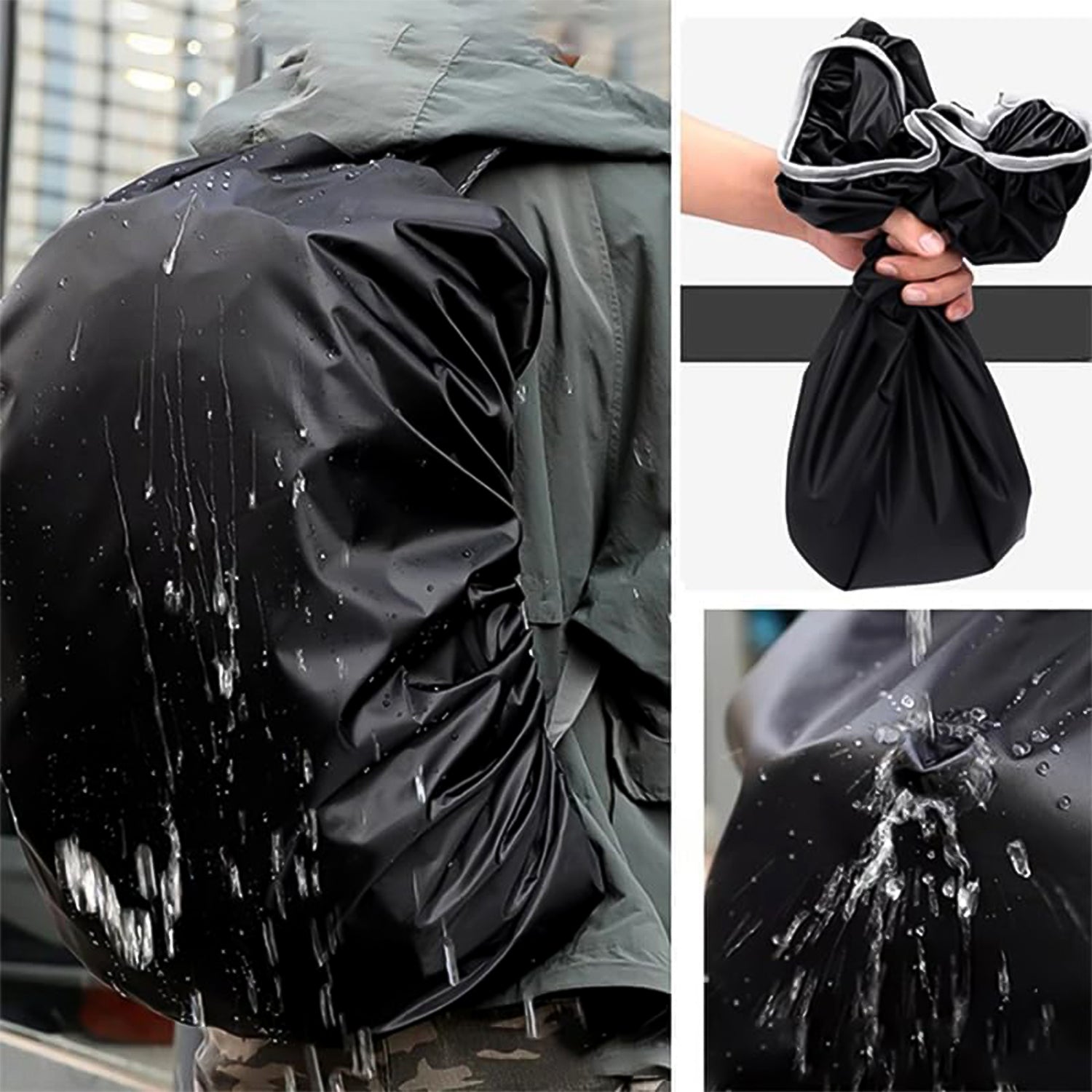 Adjustable elastic straps ensuring a snug and secure fit of the rain cover on a backpack.
