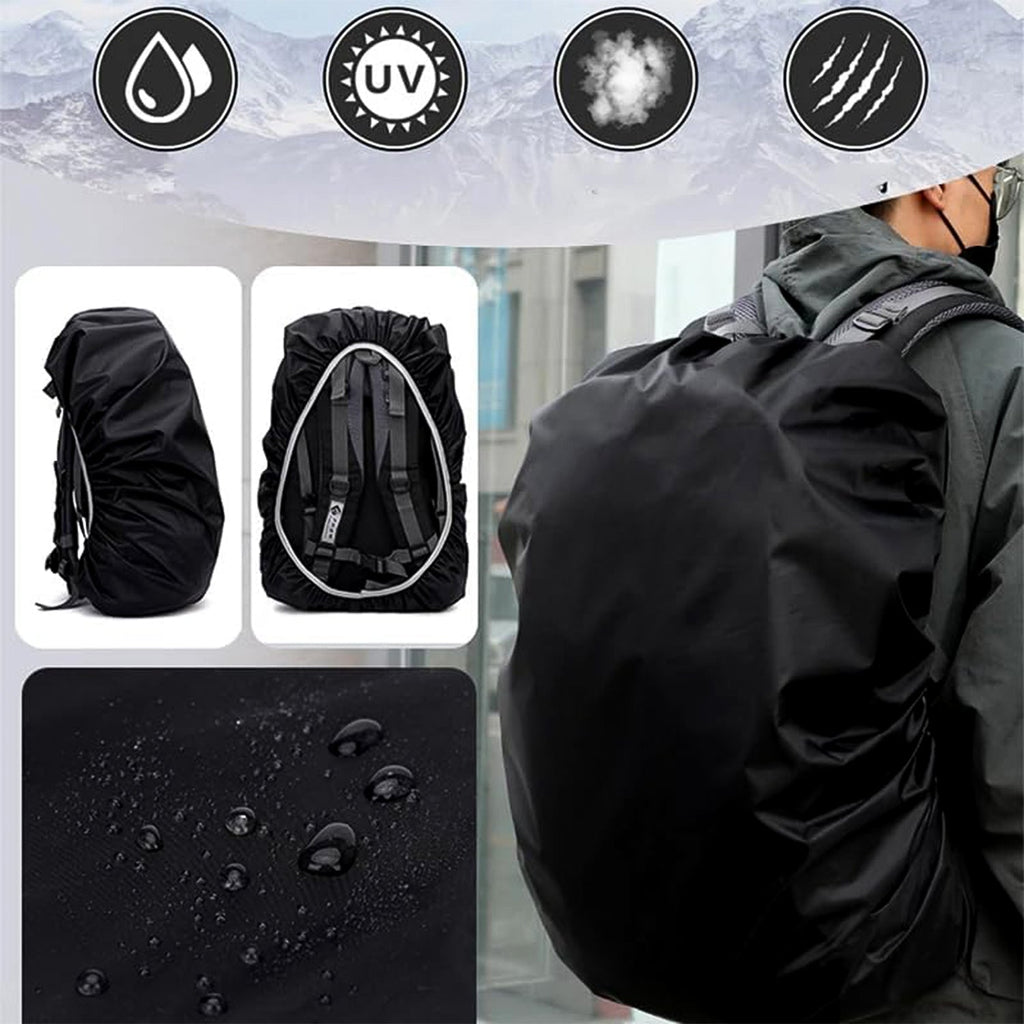 FERVENT rain cover demonstrating its versatile fit on different sizes of laptop bags and backpacks.