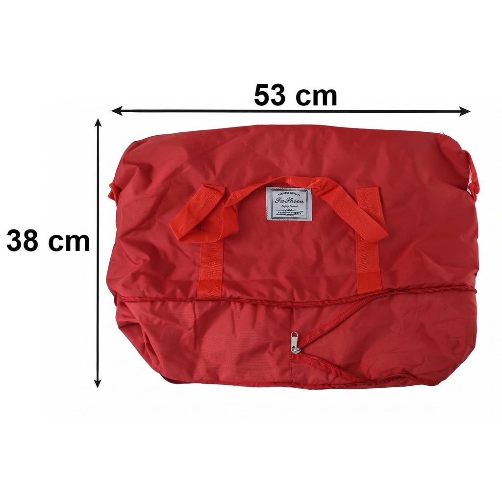 Side view of red travel tote bag showing size and handles