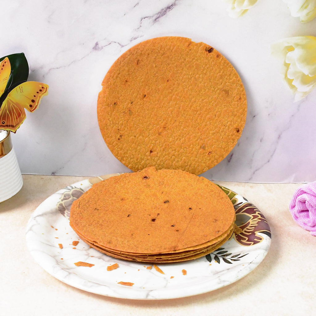 Close-up shot of a thin, crunchy Maniarr's Bajri Khakhra, perfect for snacking.