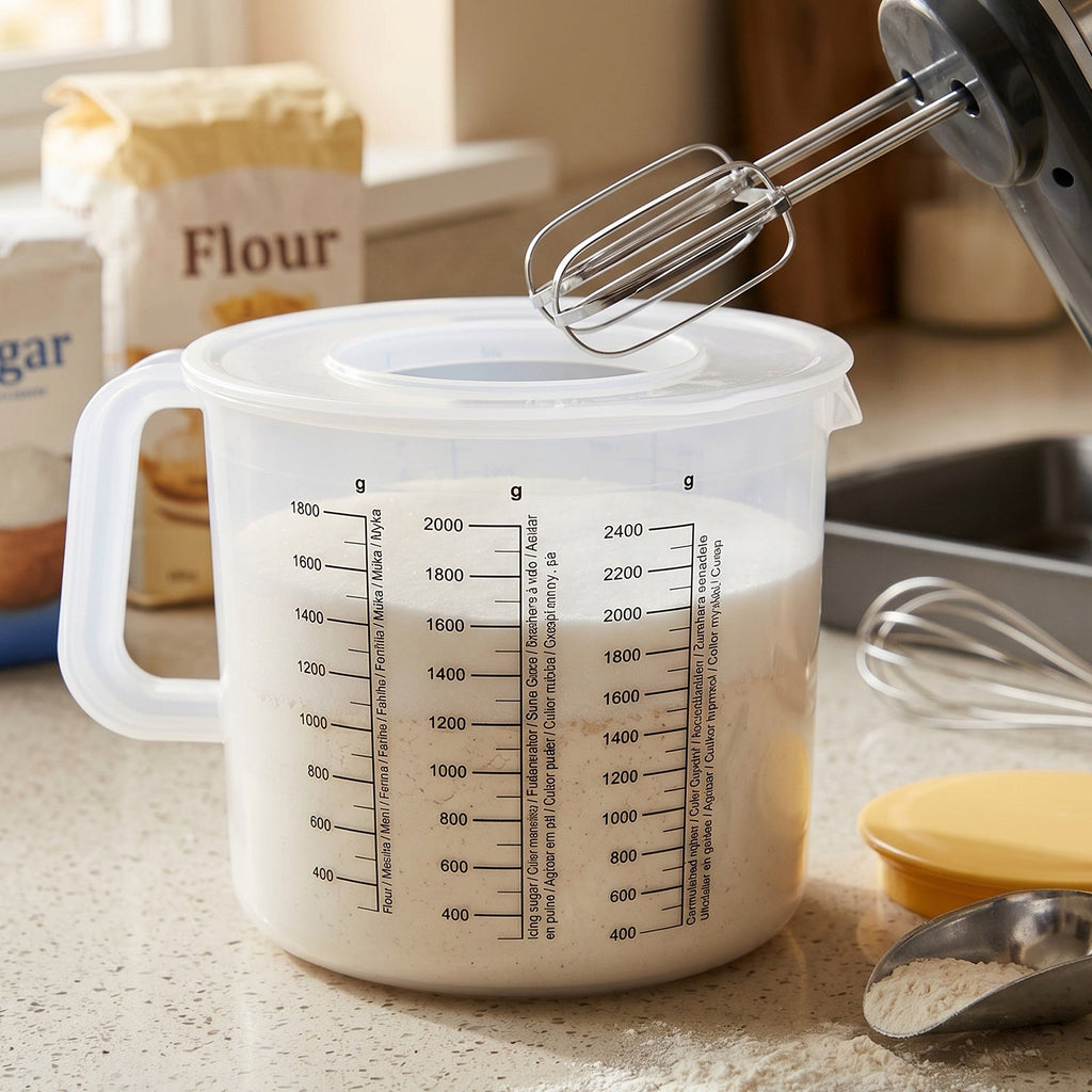 Measuring storage container with ergonomic handle