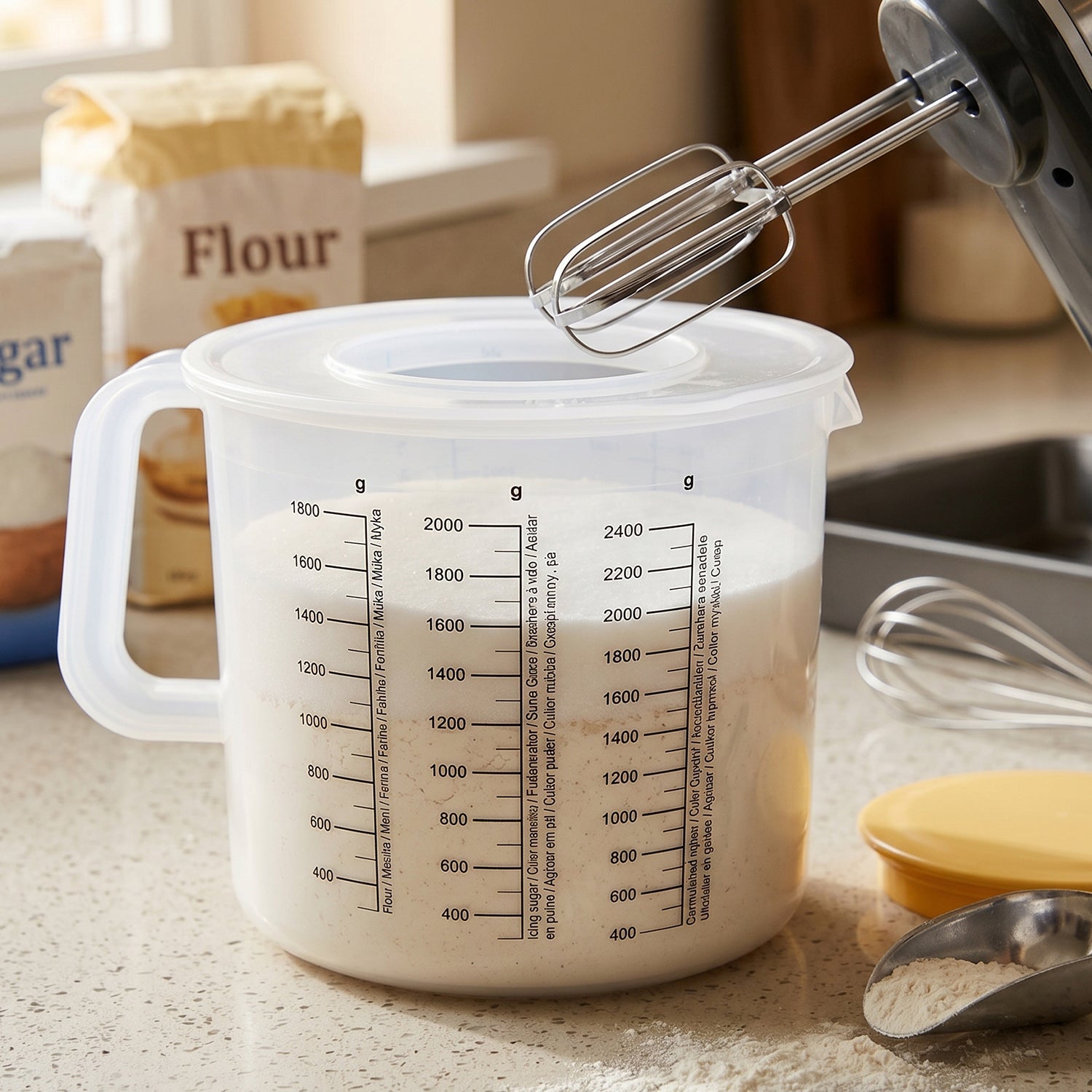 Measuring storage container with ergonomic handle