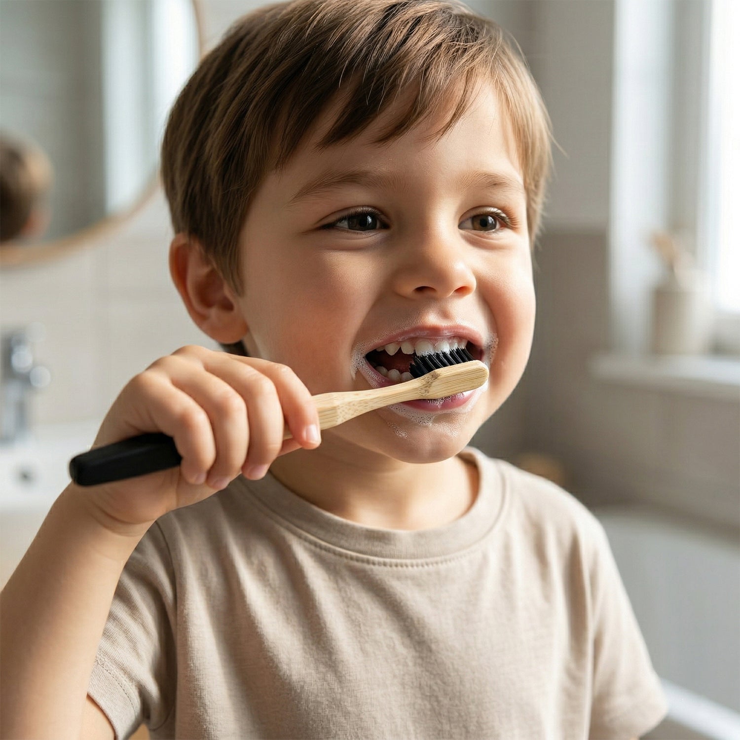 Toothbrush with bamboo handle and black charcoal bristles for gentle cleaning