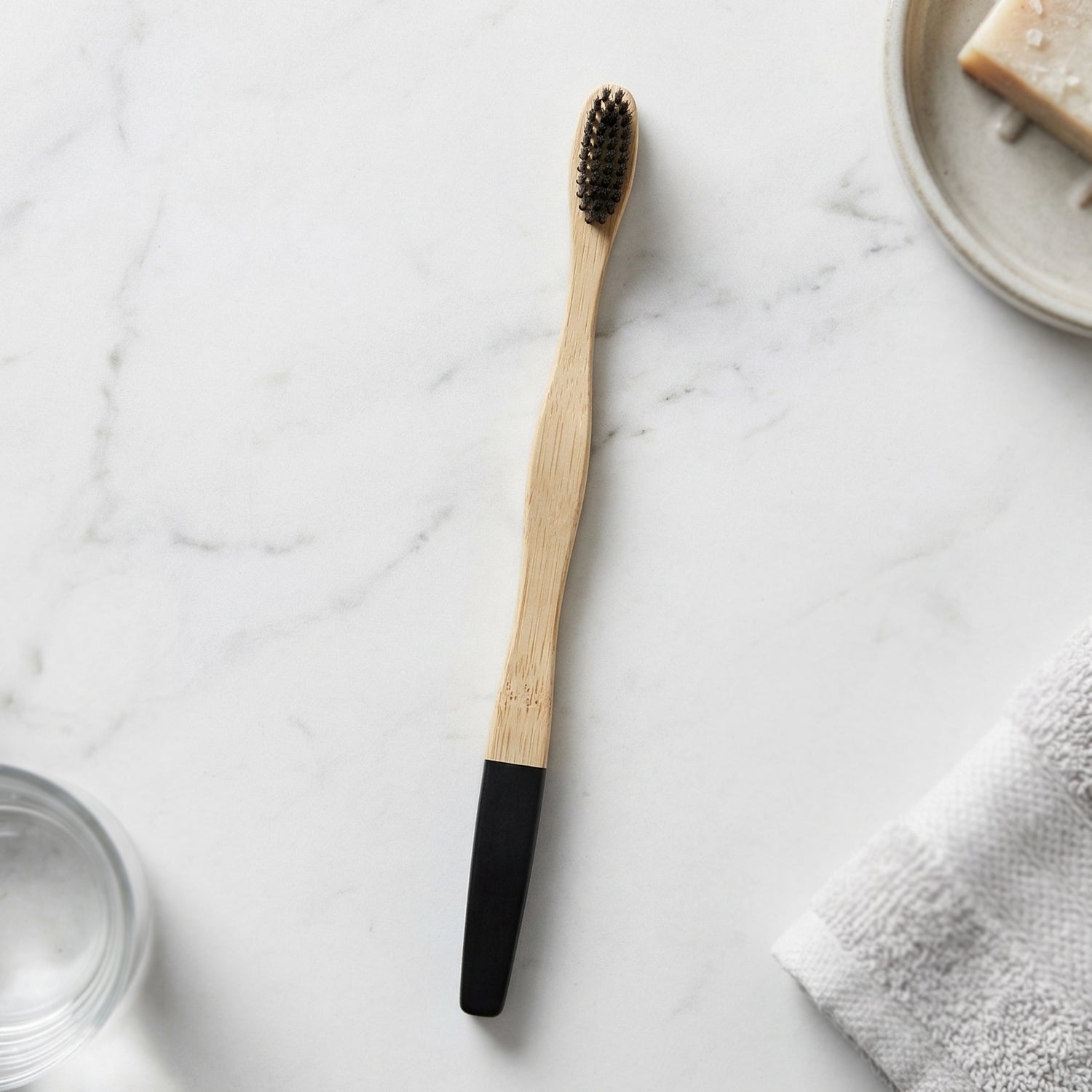 Close-up of bamboo toothbrush bristles showing softness