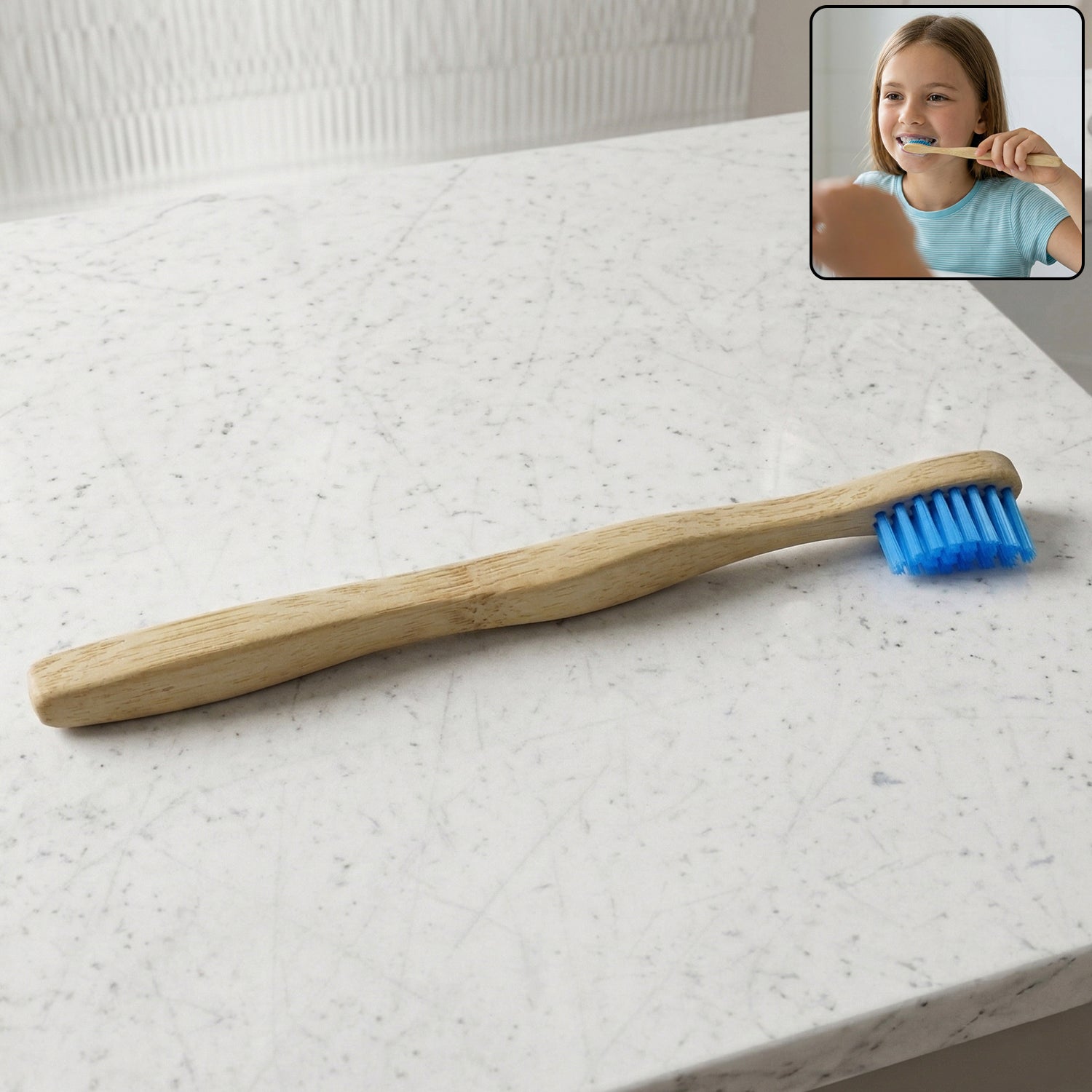 Sustainable wooden toothbrush with soft blue bristles and natural handle