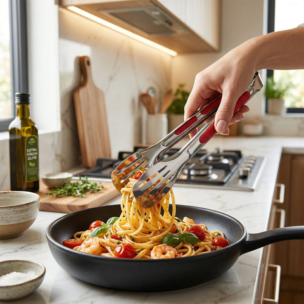 Stainless steel food serving tongs for indoor and outdoor use
