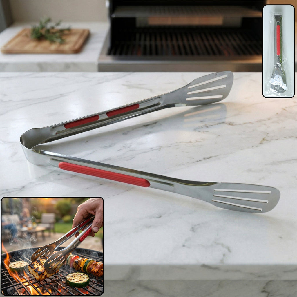 Stainless steel multi-purpose kitchen tongs with anti-slip grip