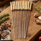 Stainless steel BBQ skewers with wooden handles for grilling