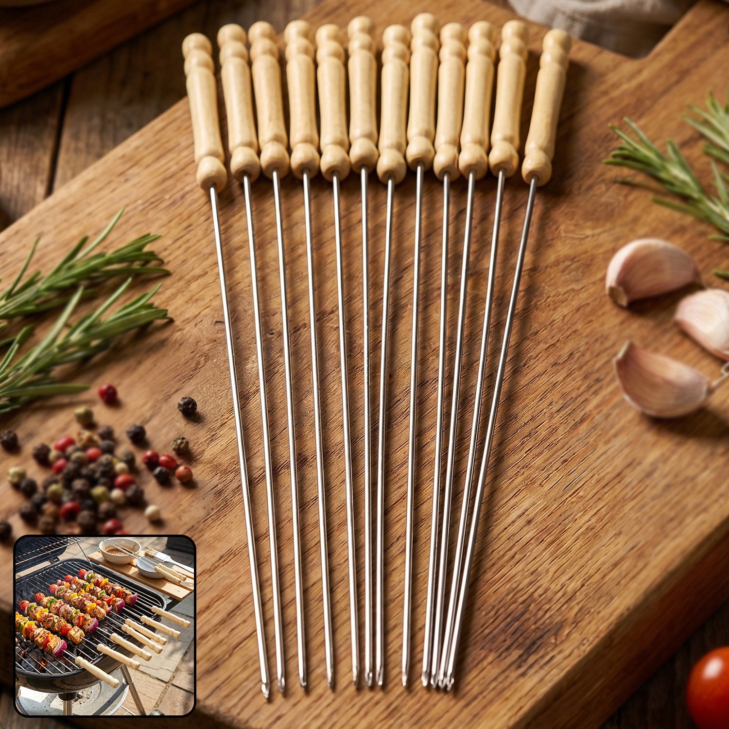 Stainless steel BBQ skewers with wooden handles for grilling