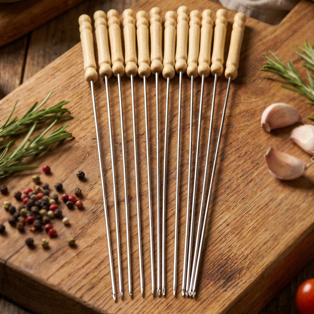 Long stainless steel skewers with wooden handles for outdoor grilling
