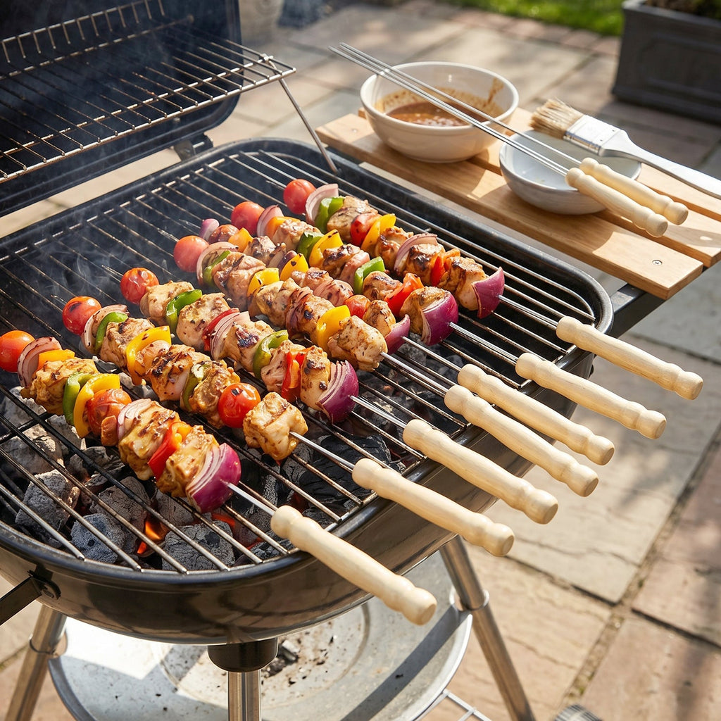 Kebab skewers with stainless steel body and wooden handles