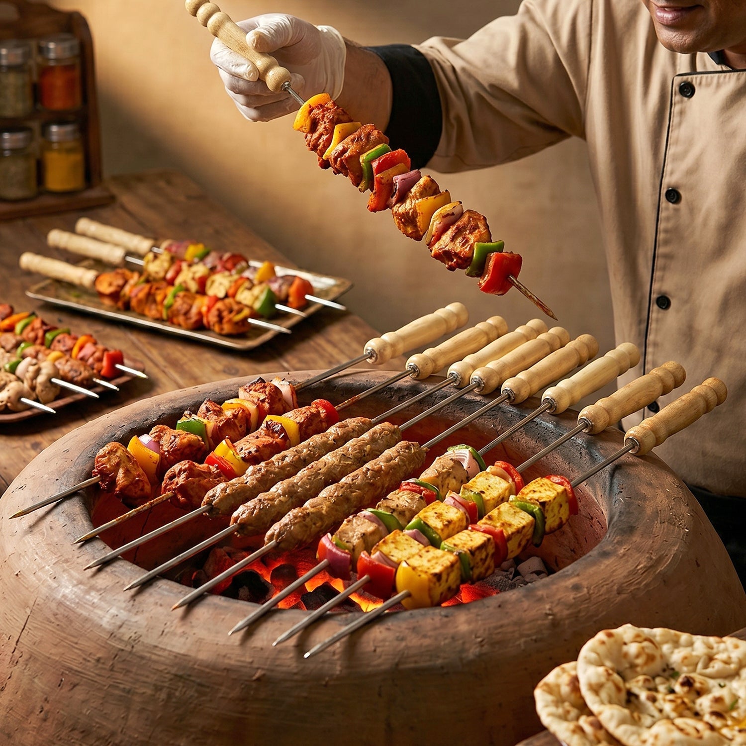 Reusable stainless steel skewers for BBQ with wooden handles