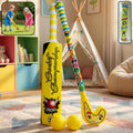 A vibrant Kids Bat Ball Hockey Combo set, featuring a plastic bat, ball, and hockey stick.