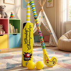Children happily playing cricket and hockey with the durable plastic sports set outdoors.