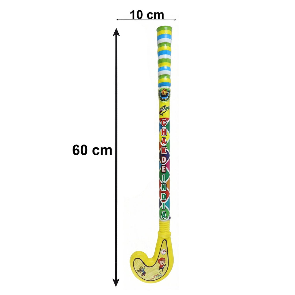 The blue plastic hockey stick and red ball, perfect for outdoor games for kids.