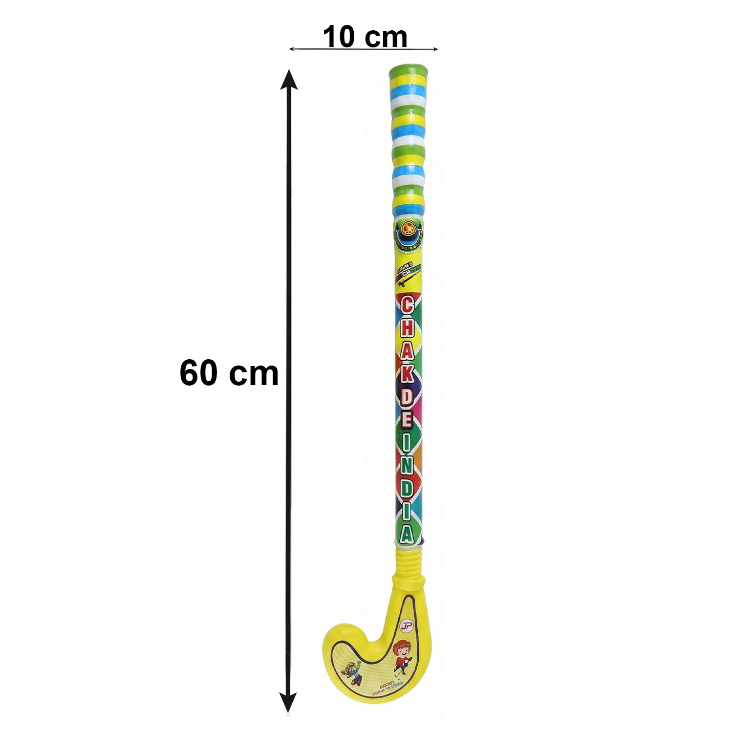 The blue plastic hockey stick and red ball, perfect for outdoor games for kids.