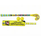 The complete junior cricket hockey set with colorful bat, ball, and hockey stick laid out.