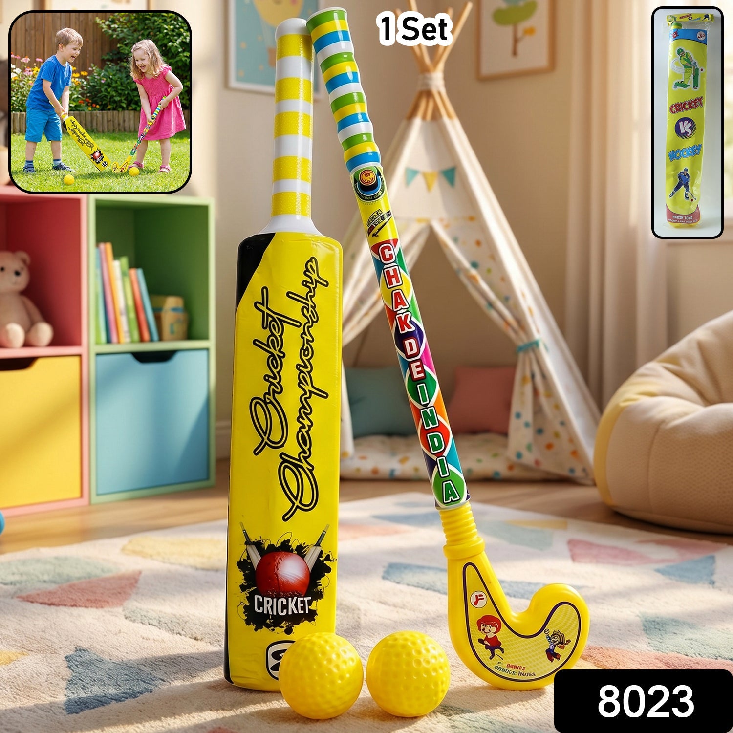 Close-up of the lightweight plastic bat and ball from the Kids Bat Ball Hockey Combo.