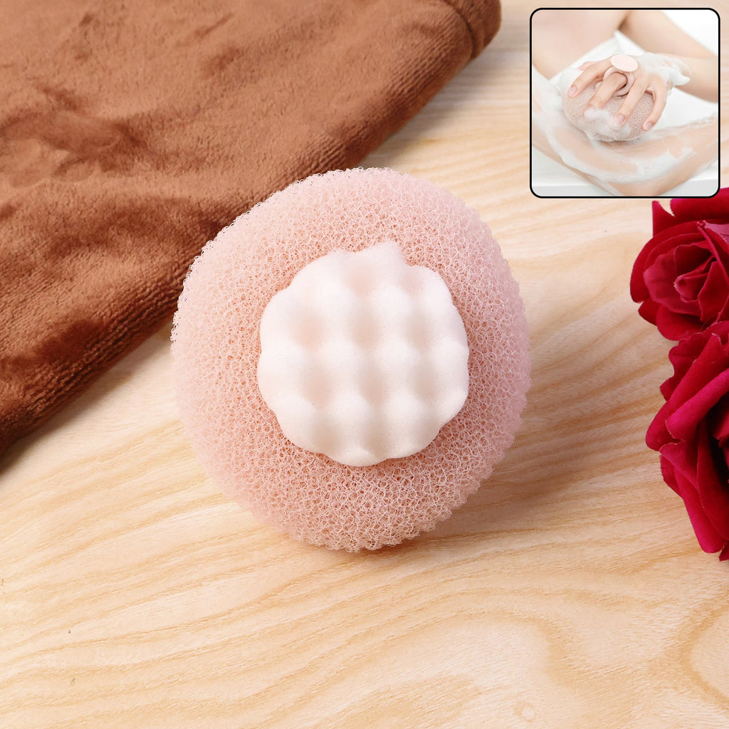 Soft exfoliating round bath scrubber with foam grip creating rich lather