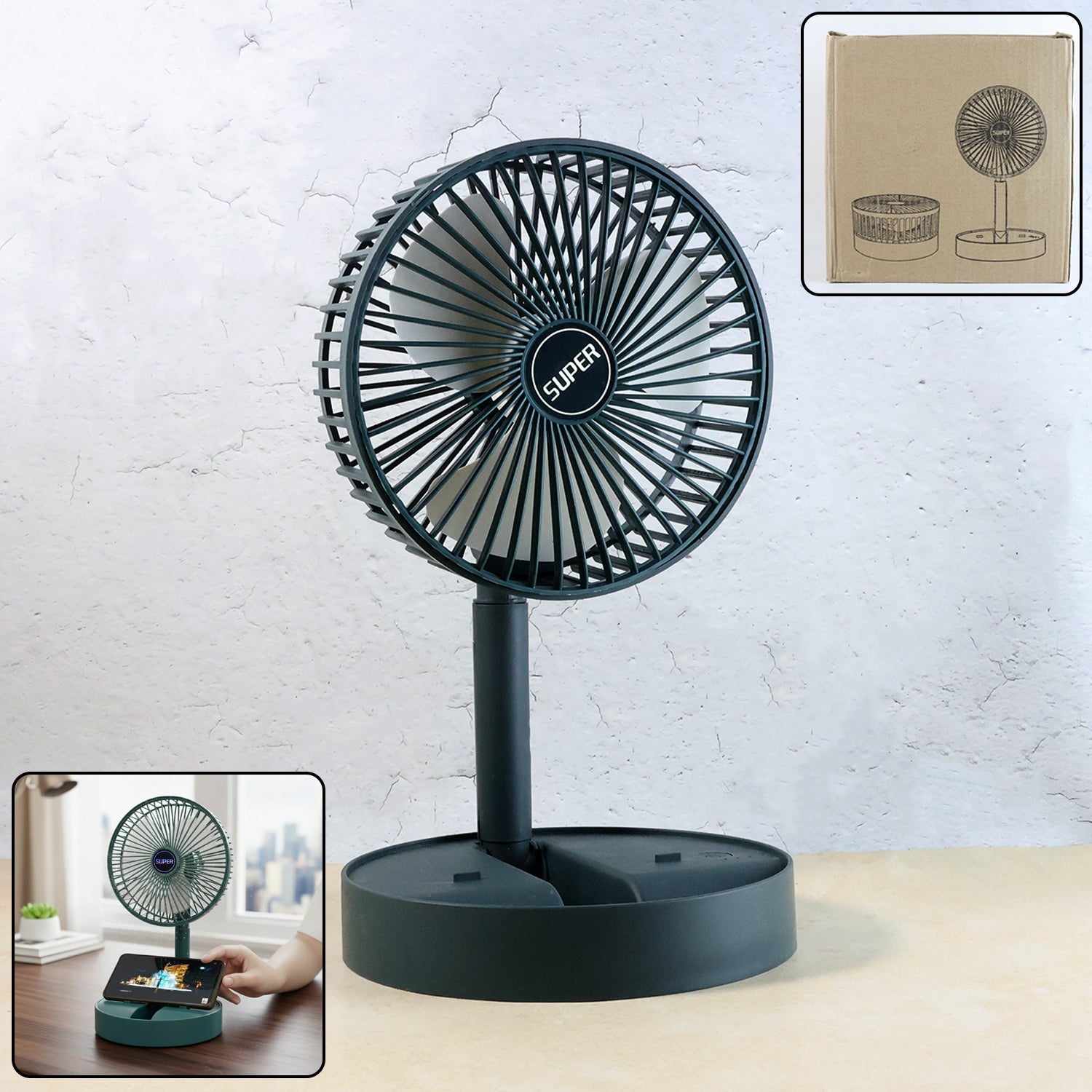 Rechargeable desktop table fan with integrated mobile phone holder on desk