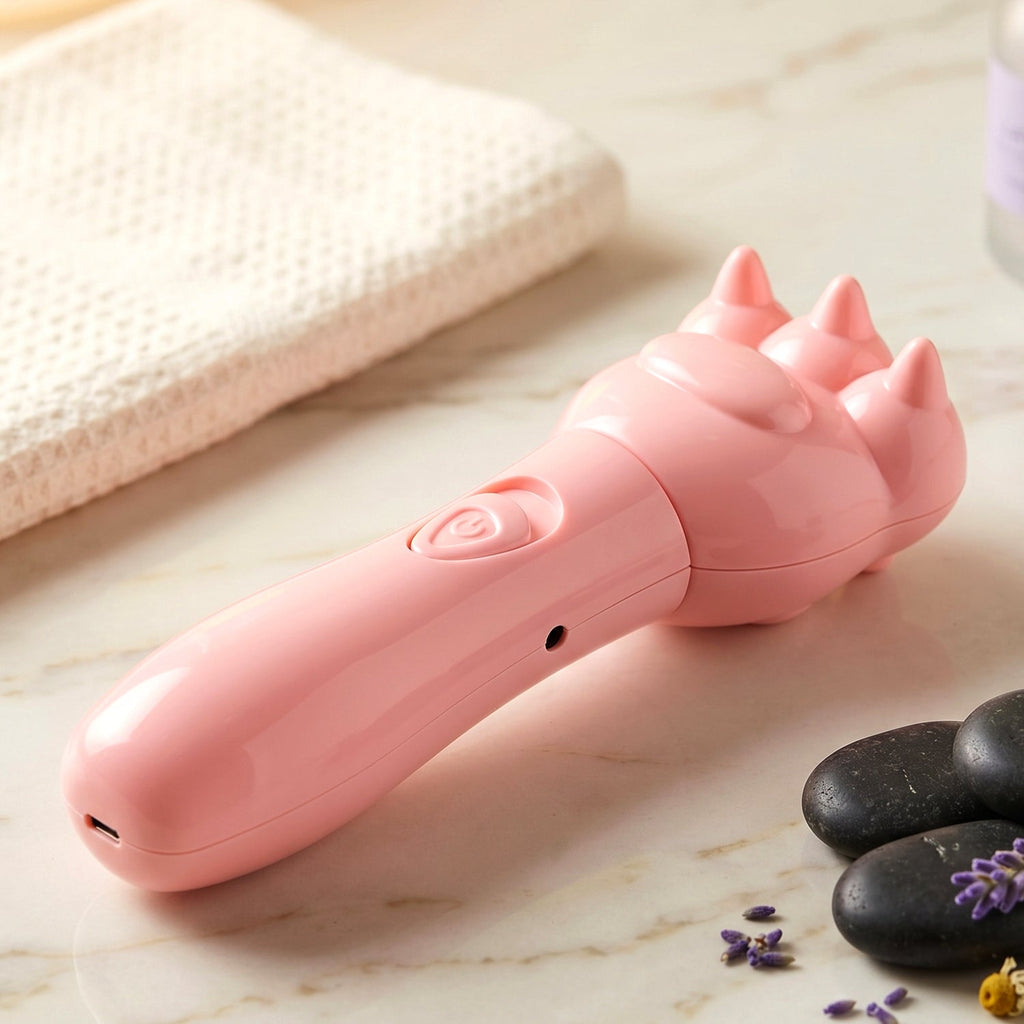 Close-up image of bear shaped electric hand massager button control
