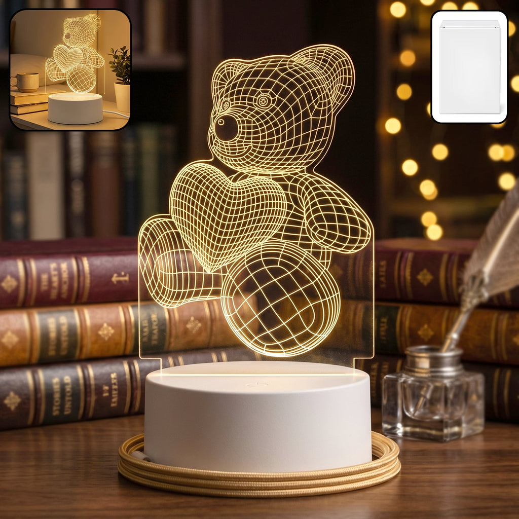 Front view of 3D Teddy Bear LED Night Lamp with heart
