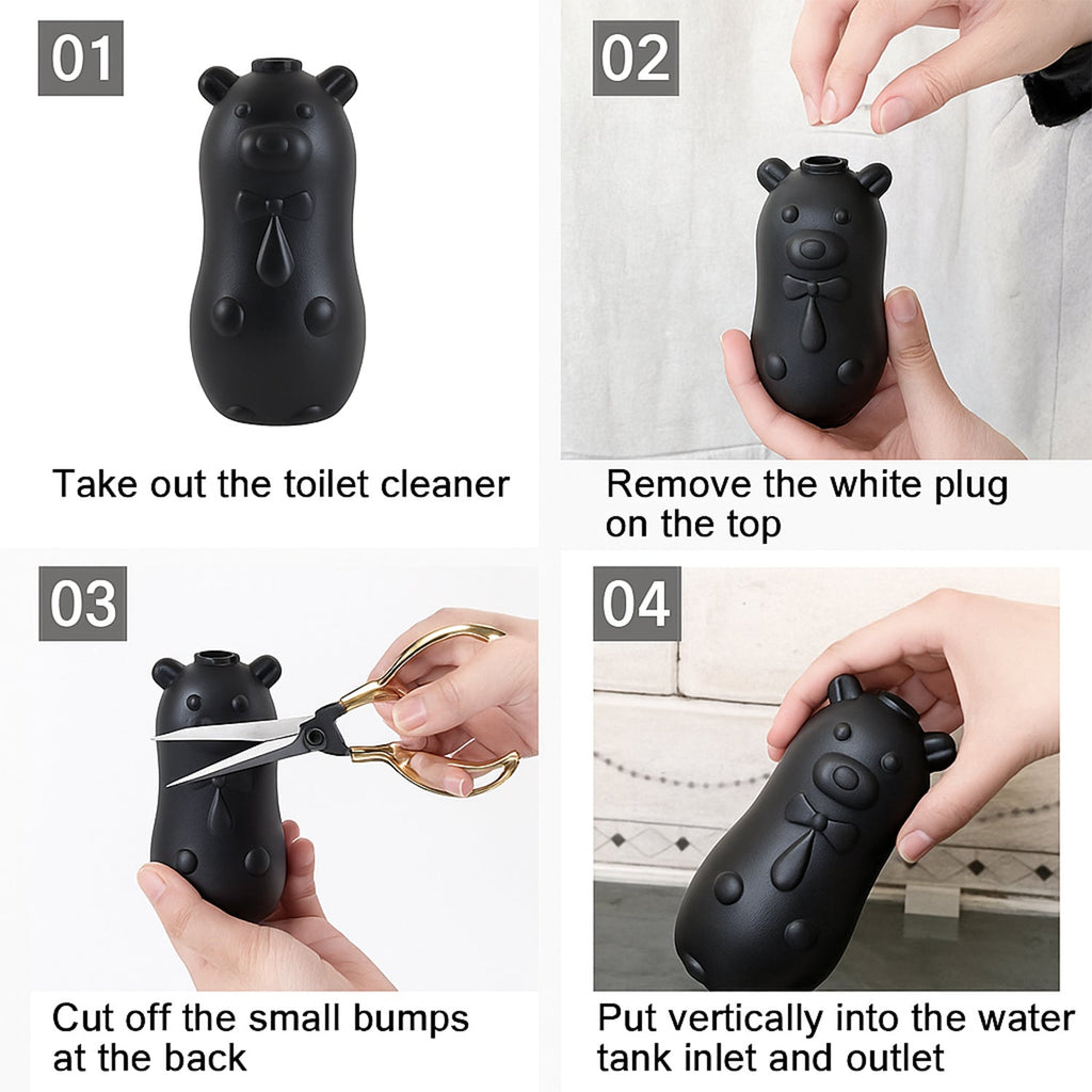 Bear shaped automatic flush toilet cleaner in bathroom setting