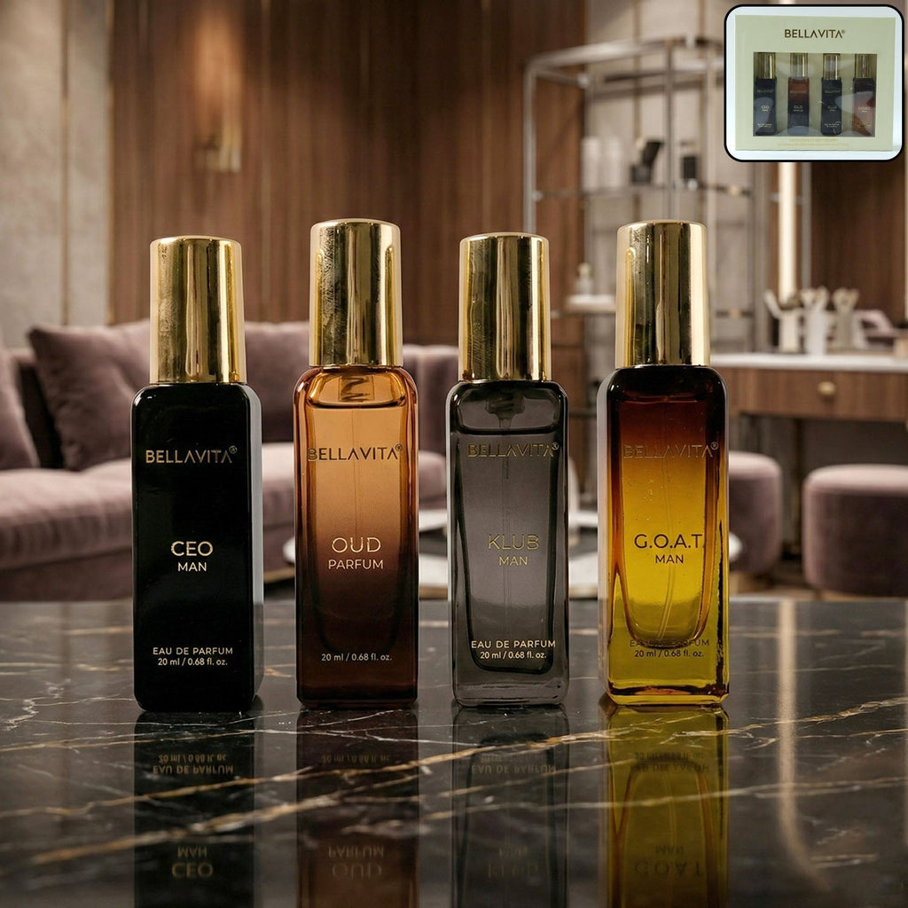 Bellavita men's luxury perfume gift set with four Eau De Parfum bottles