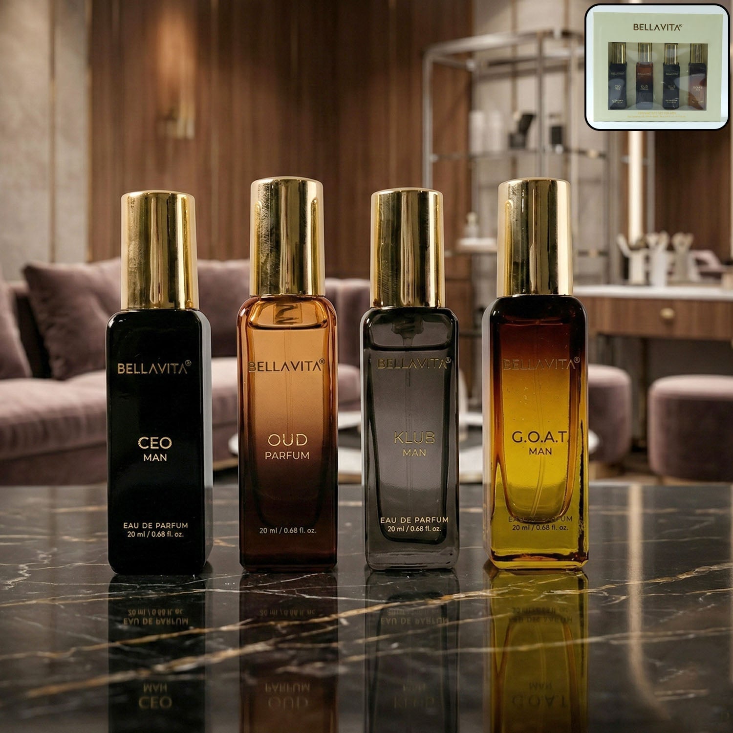 Bellavita men's luxury perfume gift set with four Eau De Parfum bottles