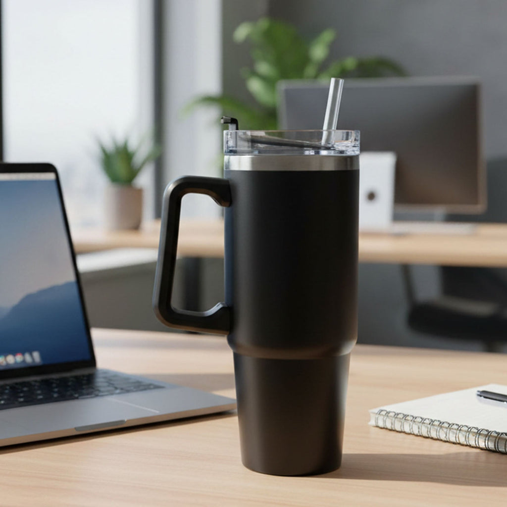 Black insulated travel mug with lid and straw opening for easy sipping