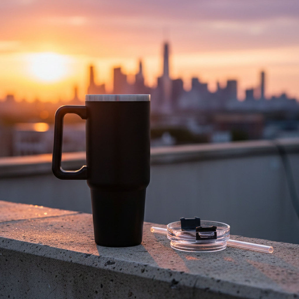 Travel mug placed on table showing spill-proof lid and handle