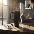 Black insulated travel coffee mug with handle and lid