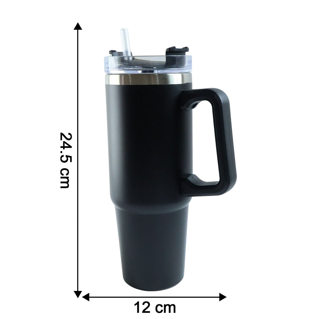 Size comparison image of large travel mug with 890 ML capacity