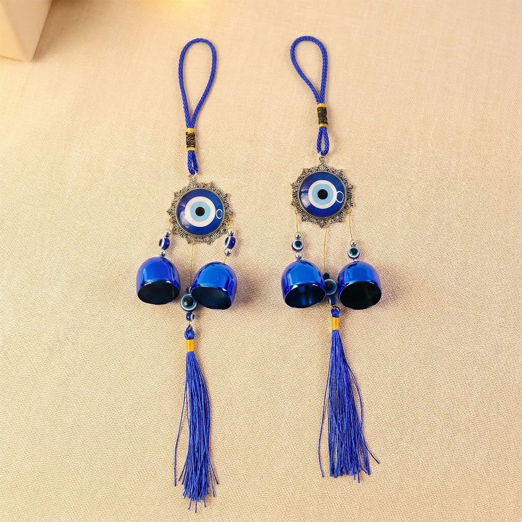 Decorative hanging evil eye wind chimes with bells and tassels