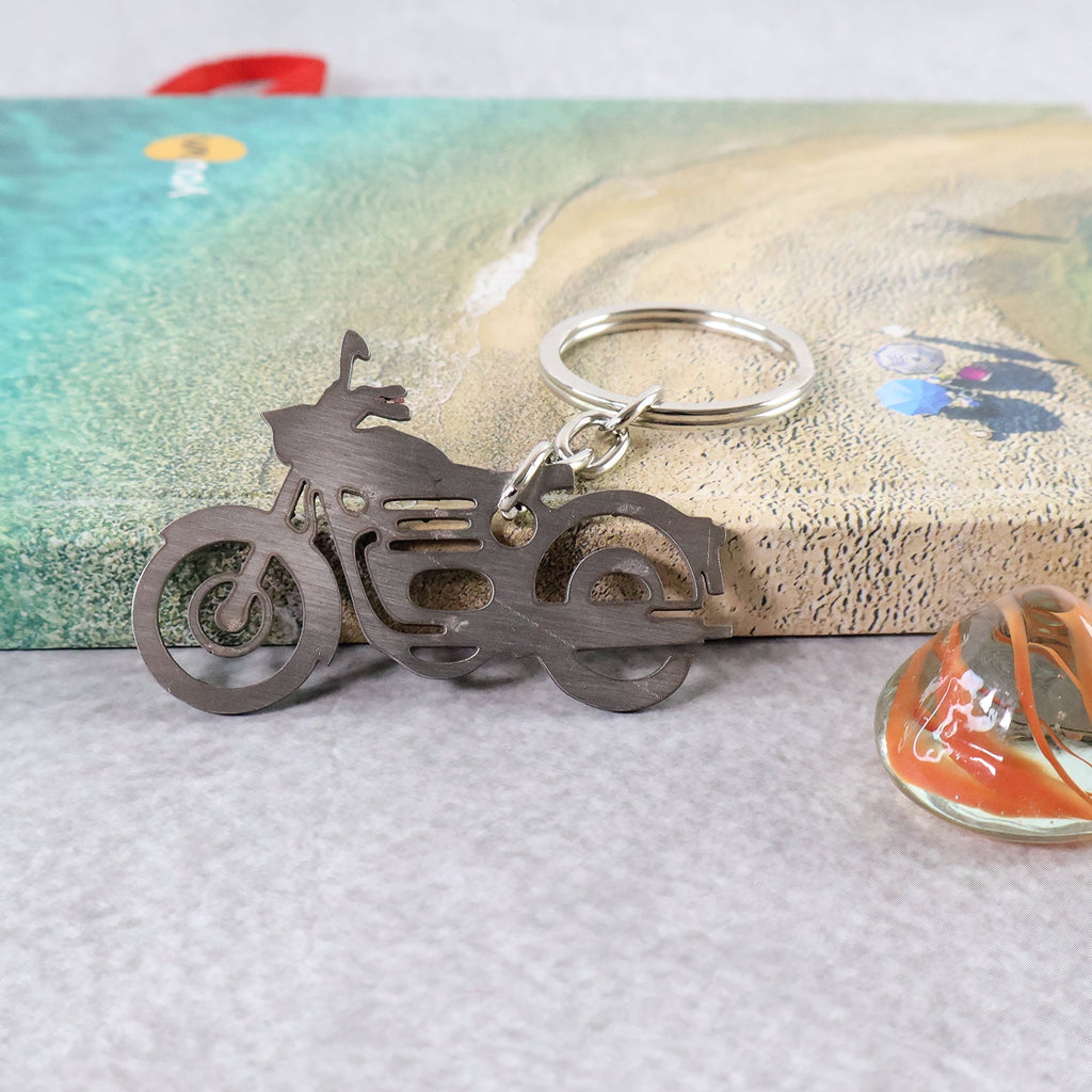 Sleek motorcycle silhouette metal keyring, perfect for bike keys and enthusiasts.