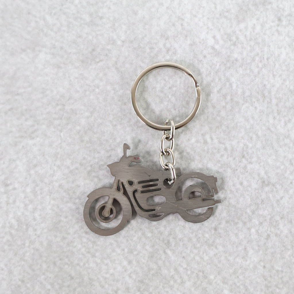 Motorcycle silhouette keychain featuring a reinforced link chain for extra durability.