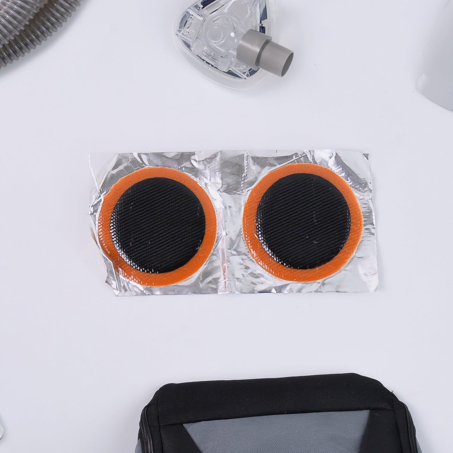 Close-up view of strong adhesive patches for bicycle tire puncture repair