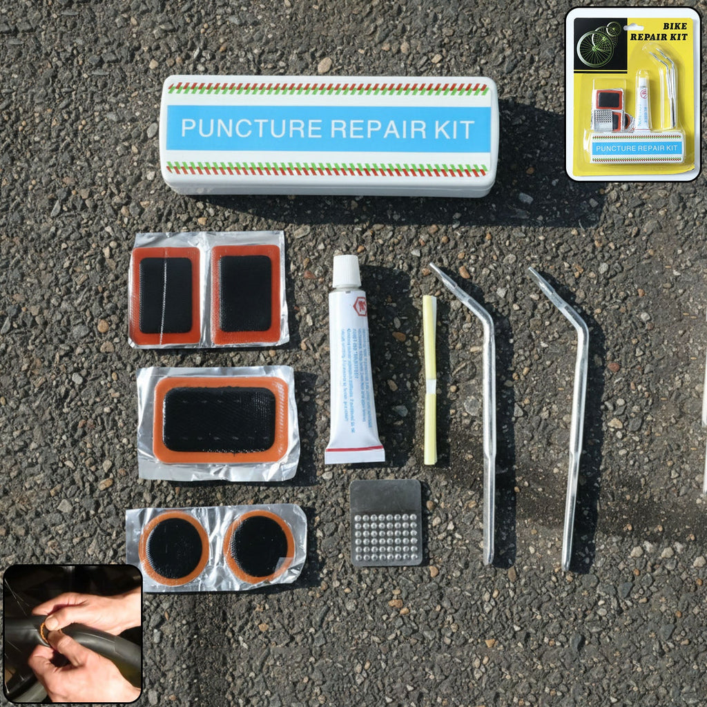 Portable bicycle tire repair kit with patches, adhesive, and tools in compact case