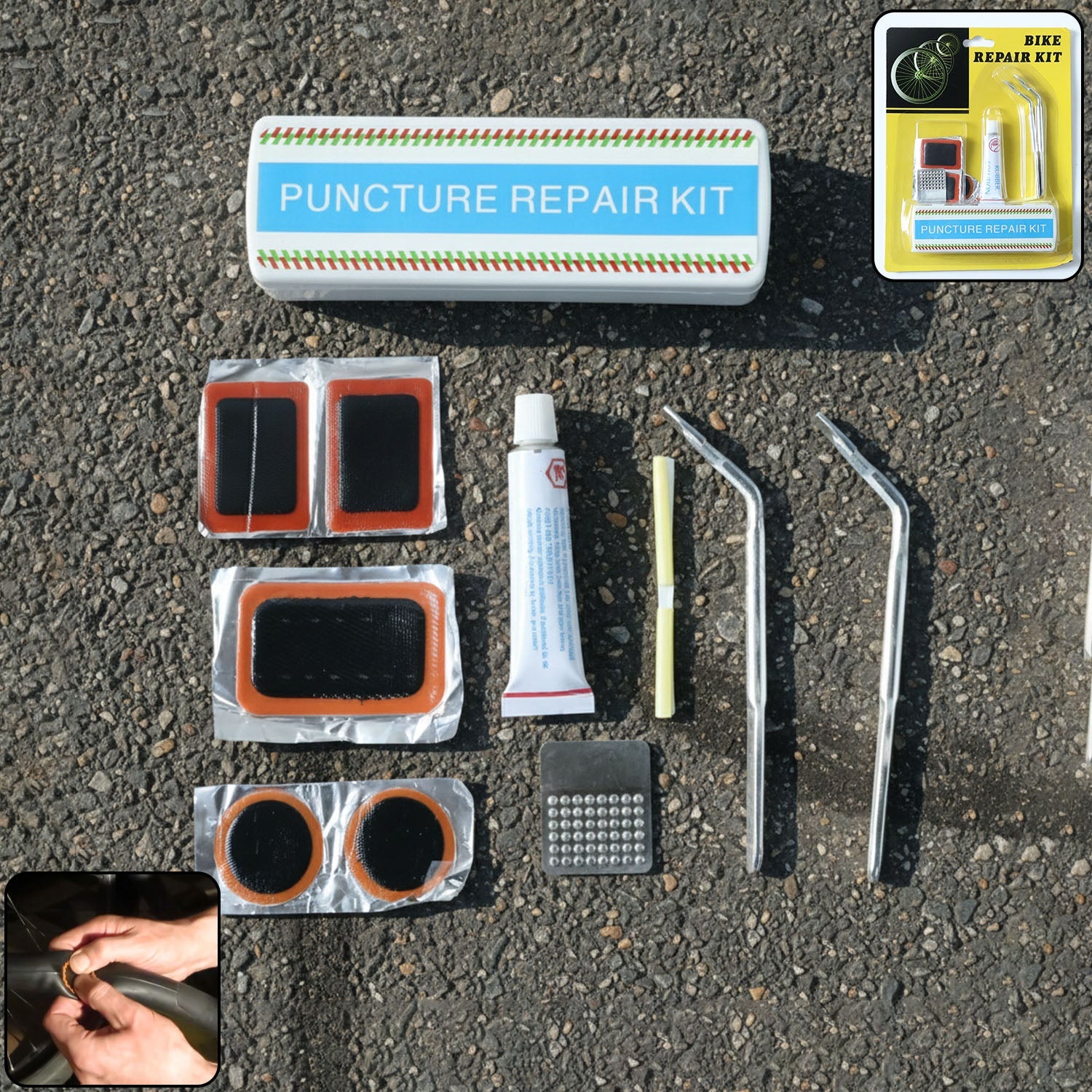 Portable bicycle tire repair kit with patches, adhesive, and tools in compact case