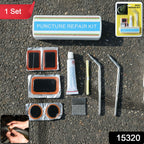 Portable bike tire puncture repair kit with visible SKU label in compact storage